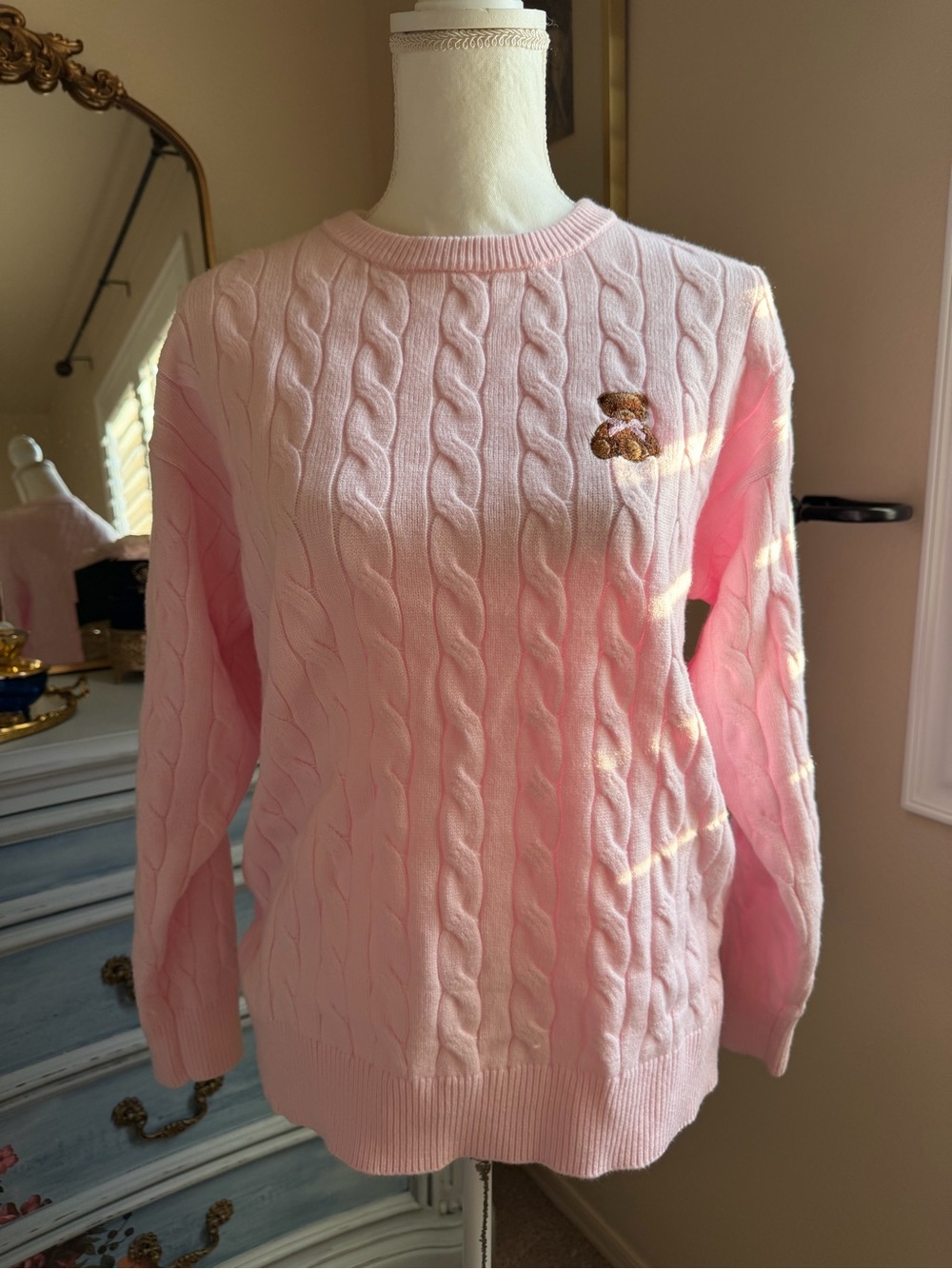 Classic Pink Cable-Knit Crewneck Sweater with Teddy Motif